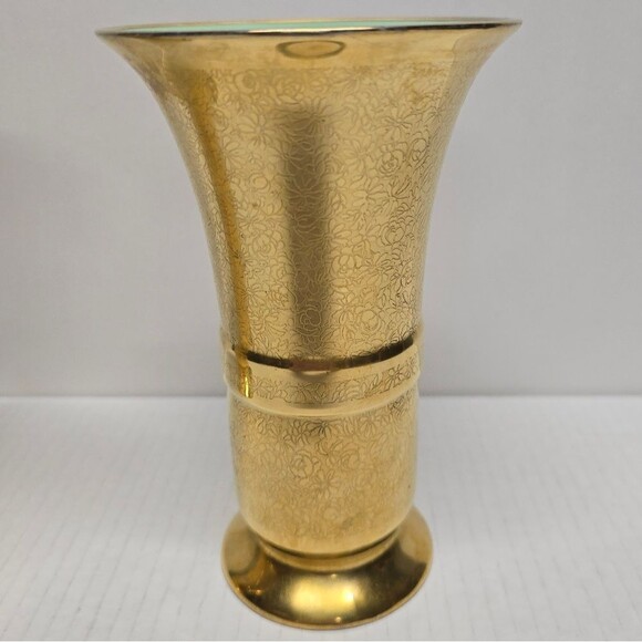 Vintage Pickard 24K Gold Encrusted Vase with Roses and Daises Green Interior 853 - Picture 2 of 9